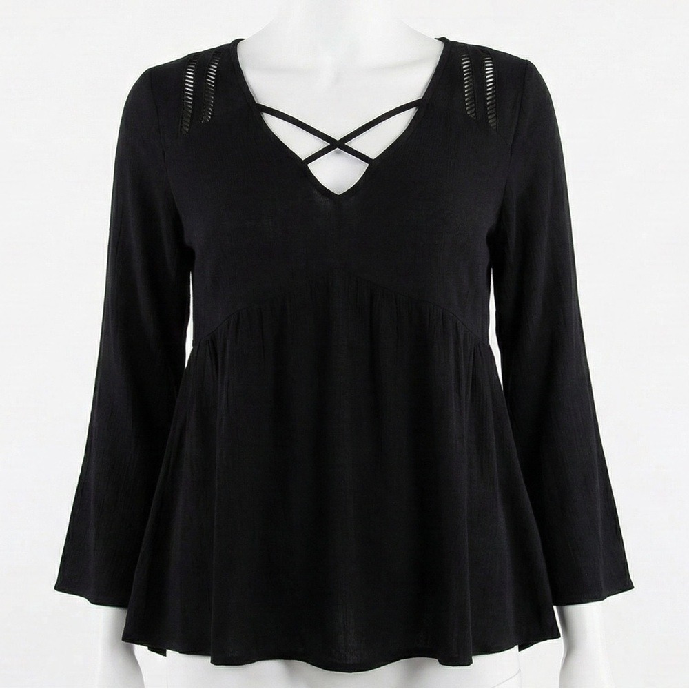 Aeropostale Black Crisscross Strappy V-Neck Peplum Boho Long Sleeve Top Large